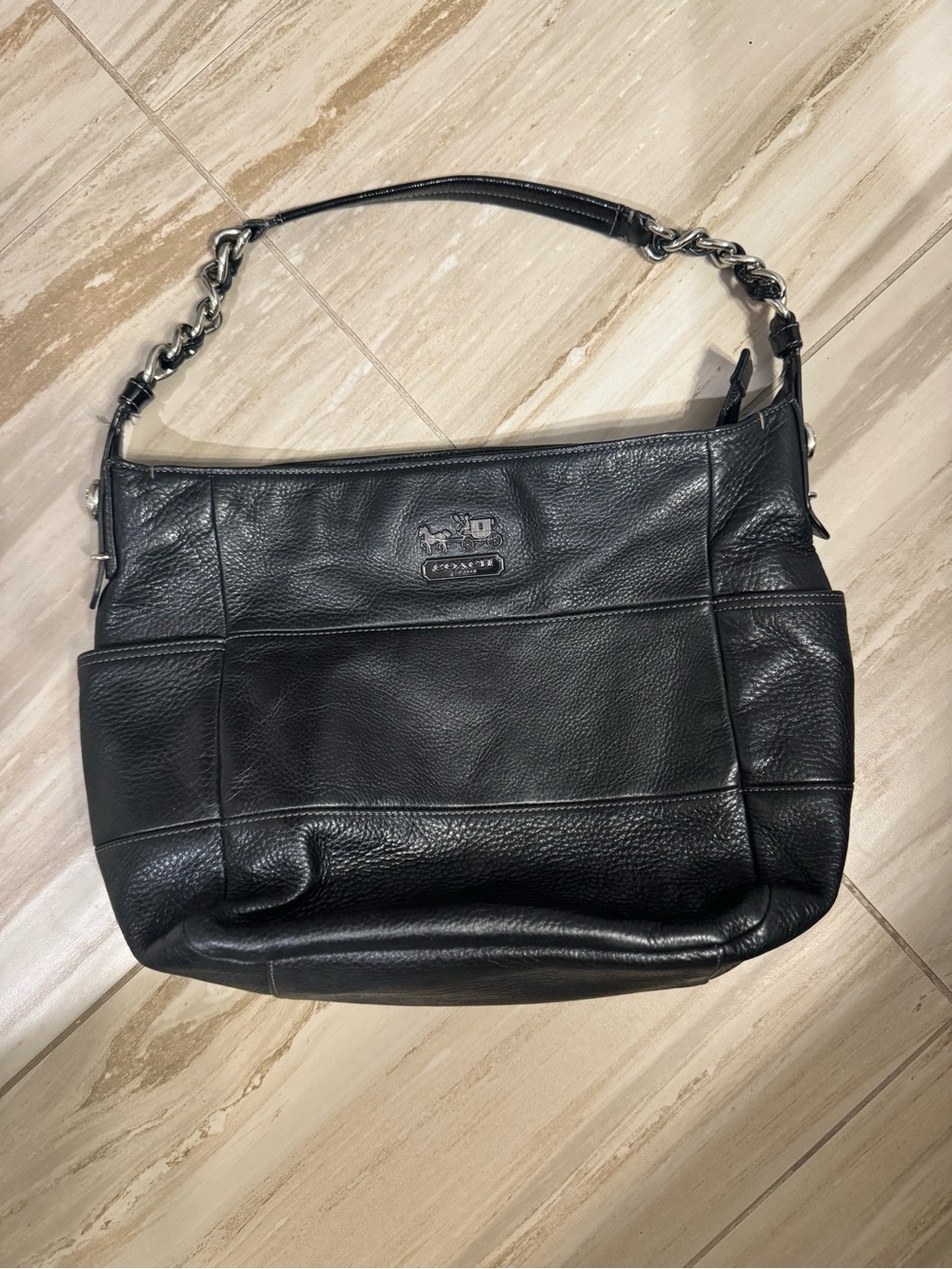 Coach Black Pebbled Leather Shoulder Bag with Chain Strap